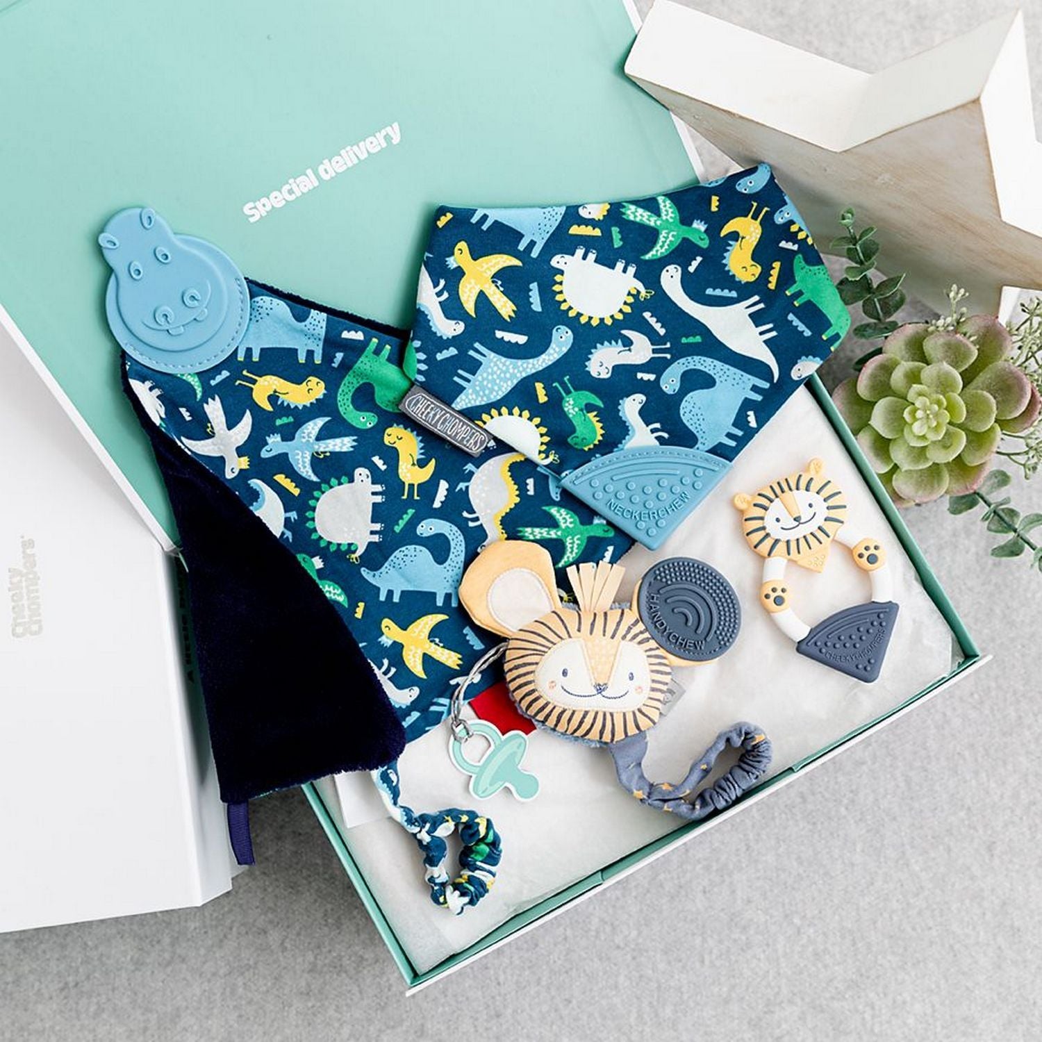 Baby Dino Comfort & Chew Teething Baby Gift Set - Cheeky Chompers