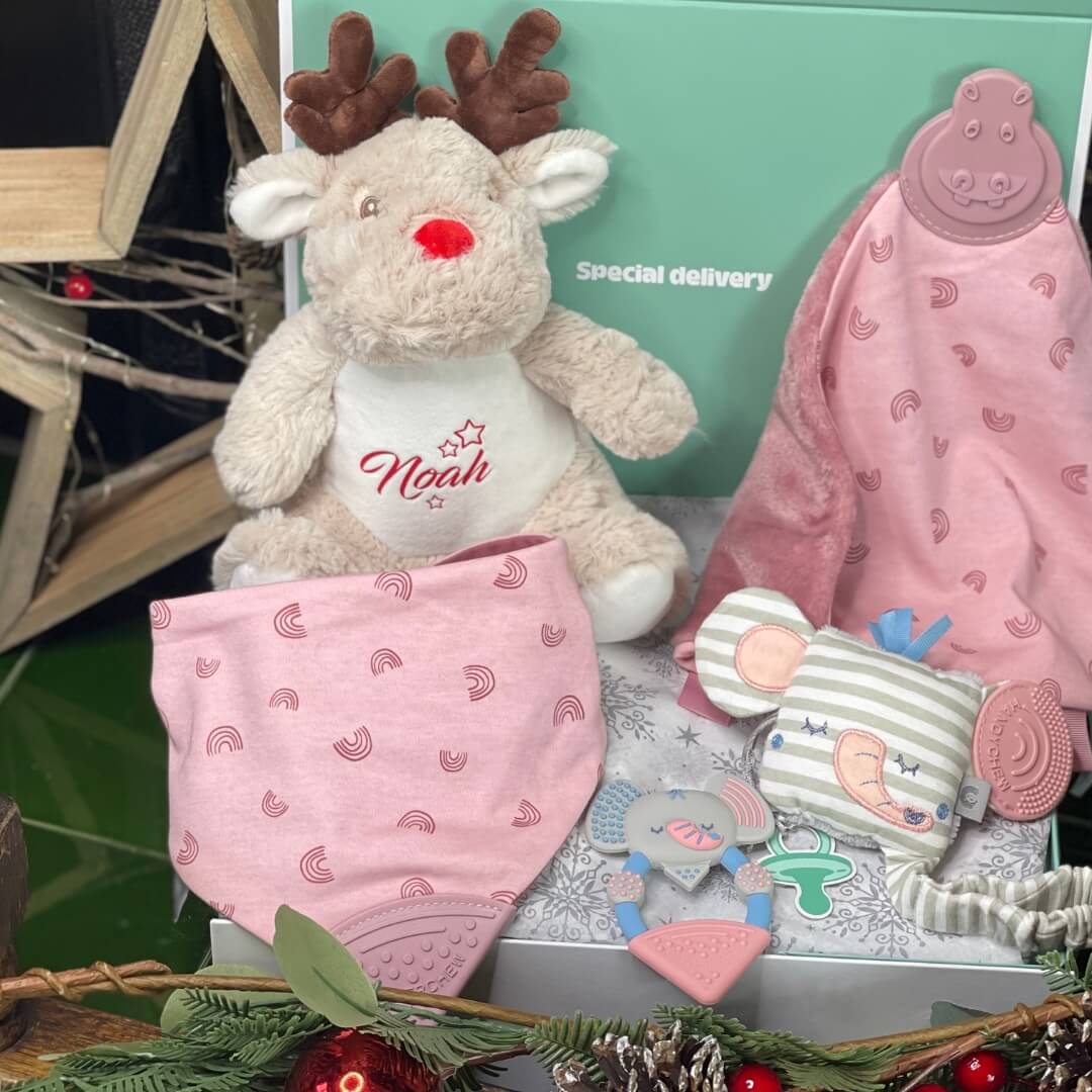 Christmas: Rainbow Rose Comfort & Chew Teething Baby Gift Set - Cheeky Chompers